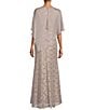 Color:Buff - Image 2 - Petite Size 3/4 Sleeve Round Neck Sequin Lace Overlay Sheath Gown