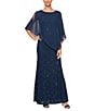 Color:New Navy - Image 1 - Petite Size 3/4 Sleeve Round Neck Sequin Lace Overlay Sheath Gown