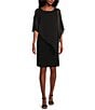 Color:Black - Image 1 - Petite Size Beaded Chiffon Round Neck Elbow Sleeve Capelet Sleeve Popover Dress