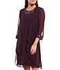 Color:Aubergine - Image 4 - Petite Size Beaded Round Neck 3/4 Sleeve Tiered 2-Piece Jacket Dress