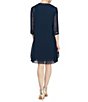 Color:Deep Navy - Image 2 - Petite Size Beaded Round Neck 3/4 Sleeve Tiered 2-Piece Jacket Dress