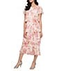 Ignite Evenings Petite Size Boat Neck Short Sleeve Tiered Floral Midi Dress, Color:Peach Multi - Image 1