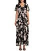 Color:Black Multi - Image 1 - Petite Size Chiffon Lurex Short Sleeve V-Neck Tie Waist Tiered Skirt Floral Maxi Dress