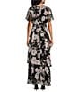 Color:Black Multi - Image 2 - Petite Size Chiffon Lurex Short Sleeve V-Neck Tie Waist Tiered Skirt Floral Maxi Dress