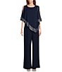 Color:Navy/Silver - Image 1 - Petite Size Foil Trim Asymmetric Cape Jumpsuit