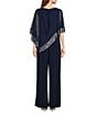 Color:Navy/Silver - Image 2 - Petite Size Foil Trim Asymmetric Cape Jumpsuit