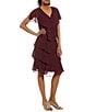 Color:Fig - Image 1 - Petite Size Georgette V-Neck Short Sleeve Tiered Capelet Shift Dress