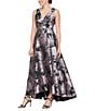 Ignite Evenings Petite Size Jaquard Surplice V-Neck Sleeveless High Low Hem Fit and Flare Dress, Color:Black Blush - Image 1