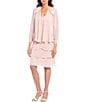 Color:Faded Rose - Image 1 - Petite Size Lace-Shoulder Chiffon 3/4 Sleeve Scoop Neck 2-Piece Jacket Dress