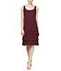 Color:Fig - Image 3 - Petite Size Lace-Shoulder Chiffon 3/4 Sleeve Scoop Neck 2-Piece Jacket Dress