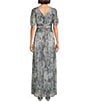 Color:Silver Multi - Image 2 - Petite Size Metallic Short Sleeve Scoop Neck V-Back Printed Ruched Waist A-Line Maxi Dress