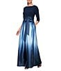Color:Navy - Image 1 - Petite Size Boat Neck 3/4 Sleeve Belted Bow Detail Ombre Satin Pleated Ball Gown
