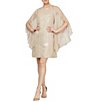 Color:Light Gold - Image 1 - Petite Size Round Neck Chiffon 3/4 Cape Sleeve Foil Floral Print Sheath Dress