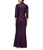 Color:Eggplant - Image 2 - Petite Size Scalloped Sequin Lace Square Neck 3/4 Sleeve Mermaid 2-Piece Jacket Gown