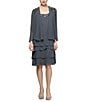 Color:Steel - Image 1 - Petite Size Sequin Trim Scoop Neck Long Sleeve Tiered Jacket Dress