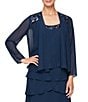 Ignite Evenings Petite Size Sequin Trim Scoop Neck Long Sleeve Tiered Jacket Dress, Color:Deep Navy - Image 4