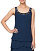 Ignite Evenings Petite Size Sequin Trim Scoop Neck Long Sleeve Tiered Jacket Dress, Color:Deep Navy - Image 5