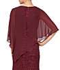 Color:Fig - Image 4 - Petite Size Short Sleeve Round Neck Beaded Sequin Floral Lace Capelet Gown