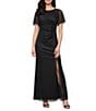 Ignite Evenings Petite Size Short Sleeve Boat Neck Front Slit Glitter Jersey Dress, Color:Black - Image 1