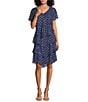 Color:Wedgewood - Image 1 - Petite Size Short Sleeve V-Neck Metallic Polka Dot Tiered Caplet Dress