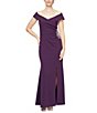Color:Summer Plum - Image 1 - Petite Size Sleeveless Off-the-Shoulder Portrait Collar Ruched Embellished Waist Sheath Gown