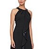 Color:Black - Image 3 - Petite Size Stretch Crepe Sequin Cascade Ruffle Halter Neck Sleeveless A-Line Gown