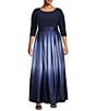 Color:Navy/Wedgewood - Image 1 - Plus Size 3/4 Sleeve Round Neck Ribbon Belted Detail Ombre Satin Ball Gown