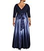 Color:Navy/Wedgewood - Image 2 - Plus Size 3/4 Sleeve Round Neck Ribbon Belted Detail Ombre Satin Ball Gown