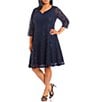 Color:Navy - Image 1 - Plus Size 3/4 Sleeve V-Neck Sequin Lace A-Line Dress