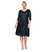 Color:Navy - Image 3 - Plus Size 3/4 Sleeve V-Neck Sequin Lace A-Line Dress