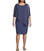 Color:Wedgewood - Image 1 - Plus Size Round Neck Embellished Elbow Sleeve Asymmetrical Popover Sheath Dress