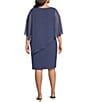Color:Wedgewood - Image 2 - Plus Size Round Neck Embellished Elbow Sleeve Asymmetrical Popover Sheath Dress