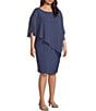 Color:Wedgewood - Image 3 - Plus Size Round Neck Embellished Elbow Sleeve Asymmetrical Popover Sheath Dress