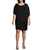 Color:Black - Image 1 - Plus Size Round Neck Embellished Elbow Sleeve Asymmetrical Popover Sheath Dress