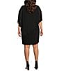 Color:Black - Image 2 - Plus Size Round Neck Embellished Elbow Sleeve Asymmetrical Popover Sheath Dress