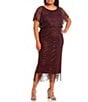 Color:Fig - Image 1 - Plus Size Round Neck Short Sleeve Scallop Fringe Blouson Midi Dress