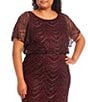 Color:Fig - Image 3 - Plus Size Round Neck Short Sleeve Scallop Fringe Blouson Midi Dress
