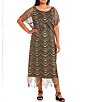 Color:Black Gold - Image 1 - Plus Size Round Neck Short Sleeve Scallop Fringe Blouson Midi Dress