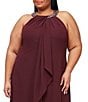 Color:Fig - Image 3 - Plus Size Braid Bead Halter Neck Sleeveless Ruffle Chiffon Dress