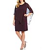 Color:Aubergine - Image 1 - Plus Size Round Neck Short Sleeve Chiffon Asymmetric Overlay Beaded Shoulder Sheath Dress