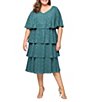 Ignite Evenings Plus Size Chiffon Tea Length Tiered Foiled Midi Dress, Color:Pine - Image 1