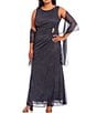 Color:Smoke - Image 1 - Plus Size Glitter Mesh Ruched Round Neck Sleeveless Shawl Gown