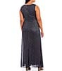 Color:Smoke - Image 2 - Plus Size Glitter Mesh Ruched Round Neck Sleeveless Shawl Gown