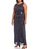 Color:Smoke - Image 3 - Plus Size Glitter Mesh Ruched Round Neck Sleeveless Shawl Gown