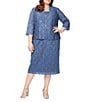 Ignite Evenings Plus Size Scalloped Sequin Lace Square Neck 3/4 Sleeve 2-Piece Jacket Dress, Color:Wedgewood - Image 1