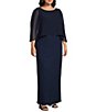 Ignite Evenings Plus Size Scoop Neck Chiffon Overlay and Sleeve with Bugle Bead Detail Sheath Dress, Color:Navy - Image 3