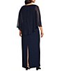Ignite Evenings Plus Size Scoop Neck Chiffon Overlay and Sleeve with Bugle Bead Detail Sheath Dress, Color:Navy - Image 4