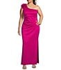 Color:Fuchsia - Image 1 - Plus Size Scuba One Shoulder Flower Detail Sleeveless Ruched Waist Gown
