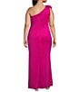 Color:Fuchsia - Image 2 - Plus Size Scuba One Shoulder Flower Detail Sleeveless Ruched Waist Gown