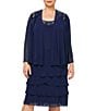 Color:Sapphire - Image 4 - Plus Size Scoop Neck Long Sleeve Sequin Trim Tiered 2-Piece Jacket Dress